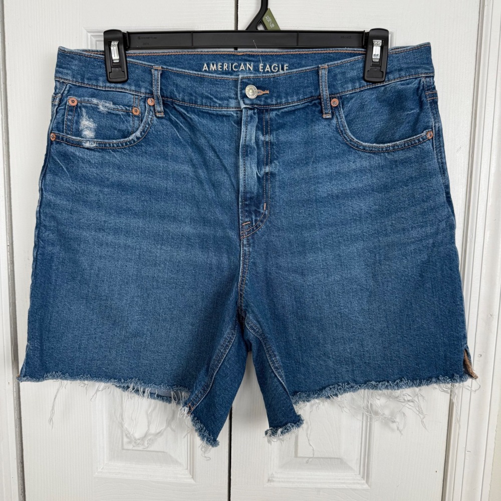 American Eagle Relaxed Short Womens 14 Blue Denim High Waisted Raw Hem